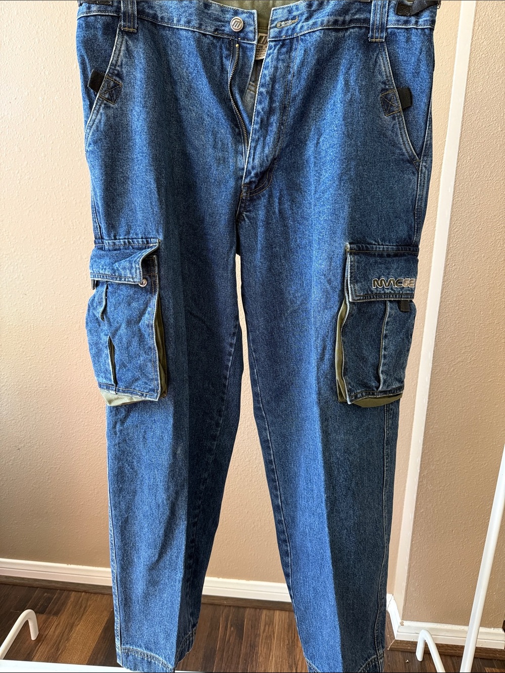 Vintage MACGEAR Blue Denim Cargo Pants with Olive-Trim Utility Pockets